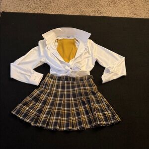 Forever 21 Plaid Skirt with yellow body suit,and white button down shirt.